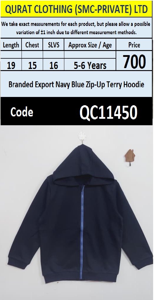 Branded Export Navy Blue Terry Zip-Up Hoodie – QC11450