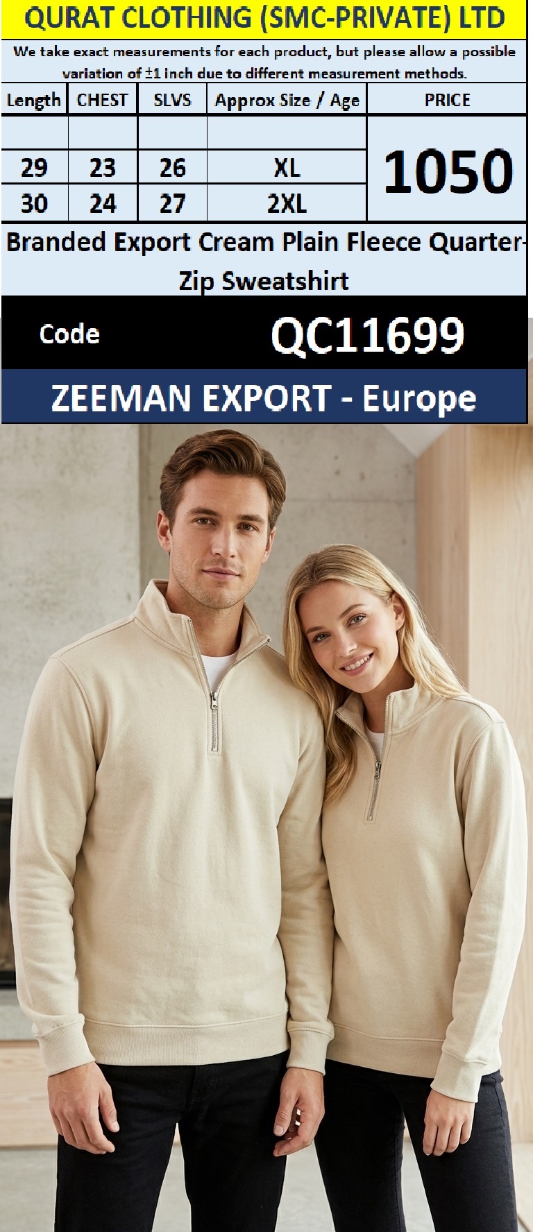 Zeeman Export Europe Branded Export Cream Plain Fleece Quarter-Zip Sweatshirt QC11699