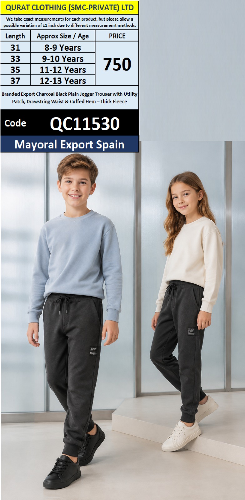 Mayoral Export Spain Branded Charcoal Black Plain Jogger Trouser with Utility Patch, Drawstring Waist & Cuffed Hem – Thick Fleece – QC11530
