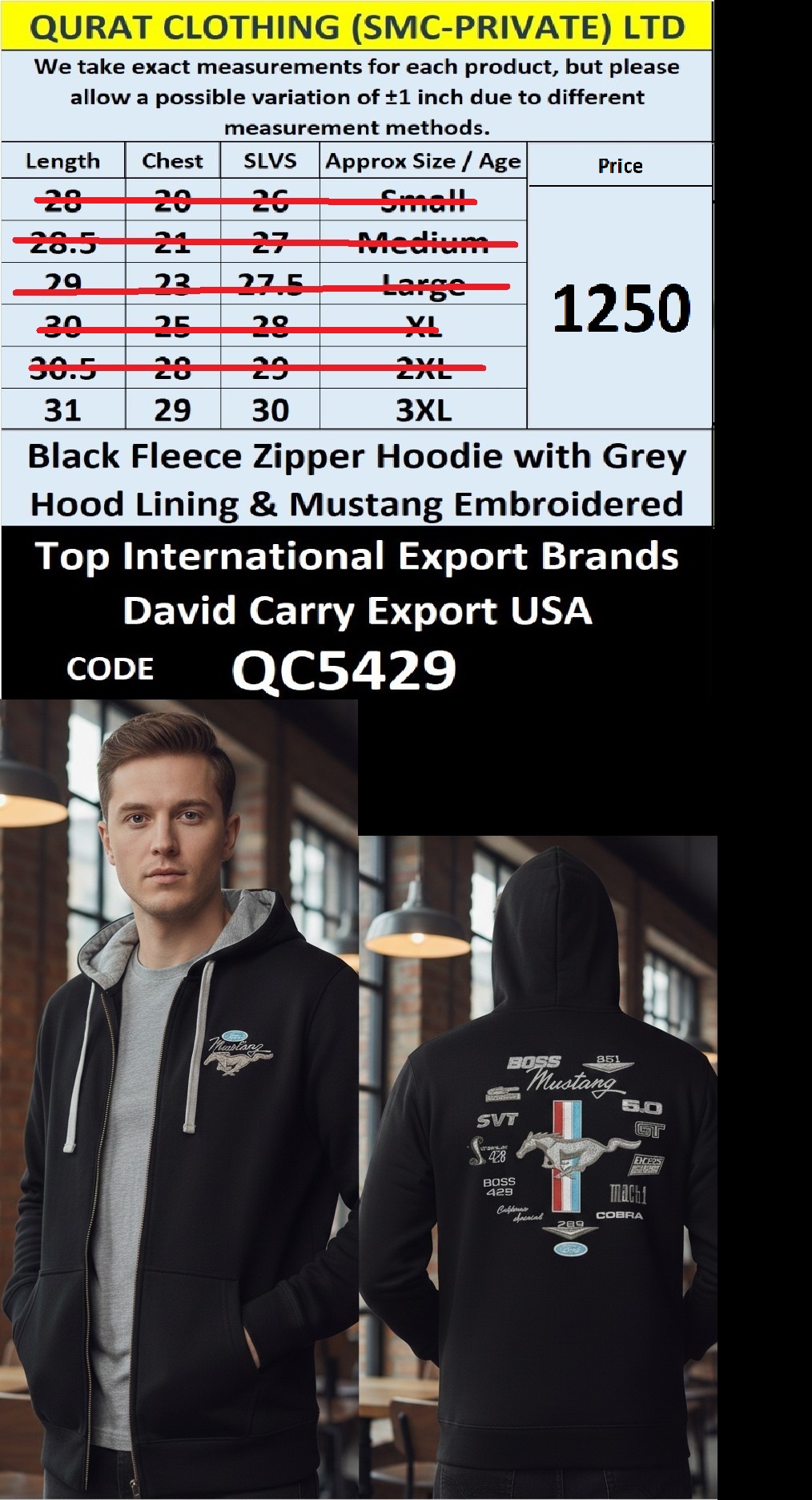 Black Fleece Zipper Hoodie with Grey Hood Lining & Mustang Embroidered Design QC5429 by David Carry