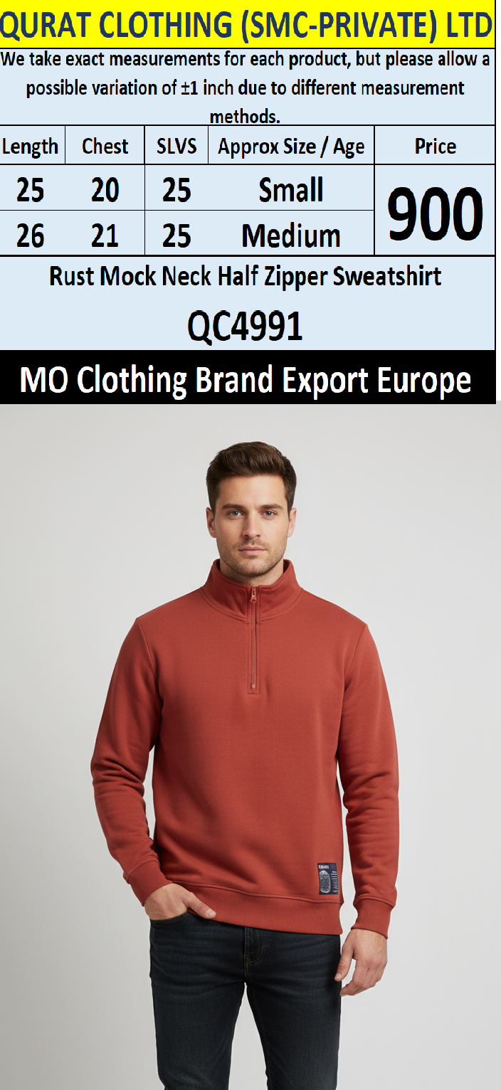 MO Clothing Brand Rust Mock Neck Half Zipper Sweatshirt QC4991 – Export Europe