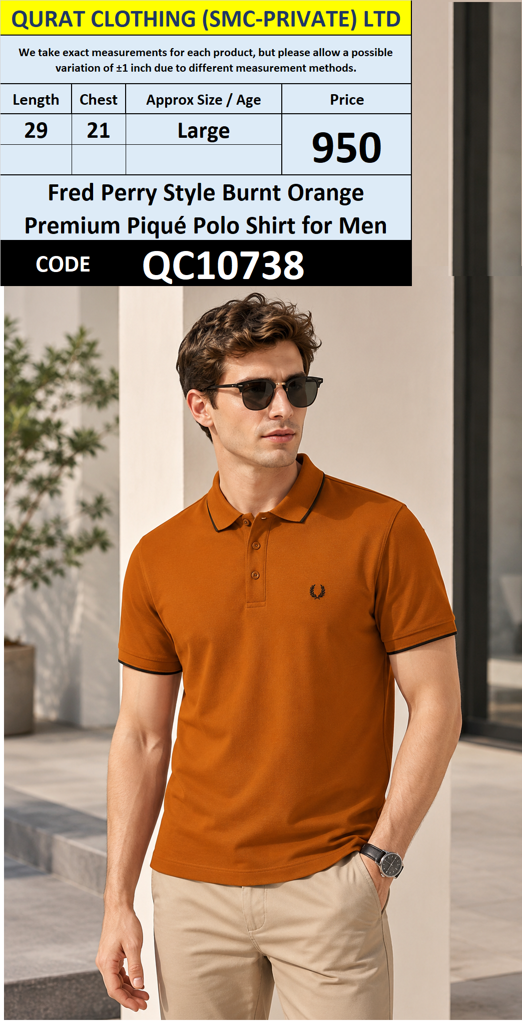 Fred Perry Style Burnt Orange Premium Piqué Polo Shirt for Men – QC10738