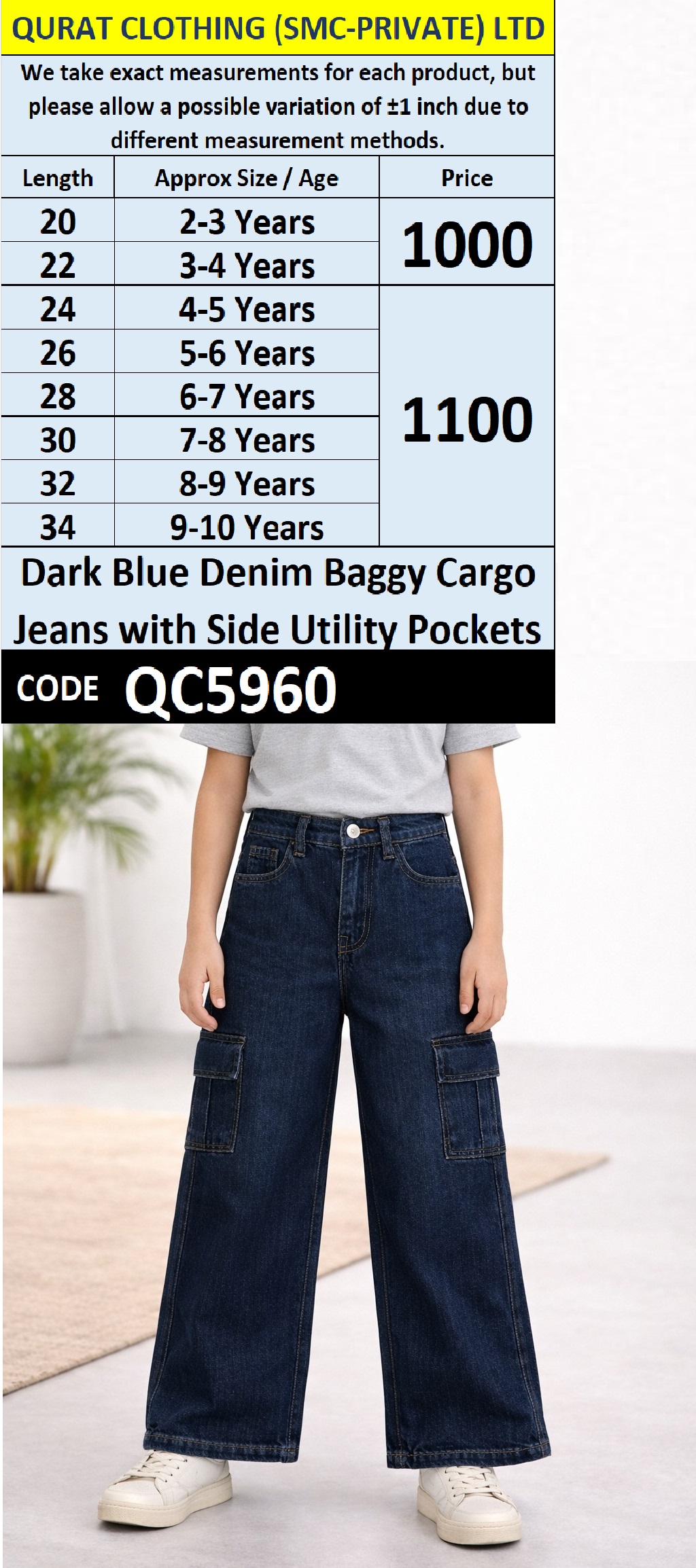 Dark Blue Cotton Denim Baggy Cargo Jeans with Side Utility Pockets – QC5960