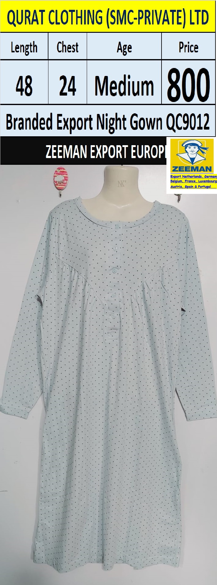 Zeeman Brand Nightgowns QC9012 Export Europe