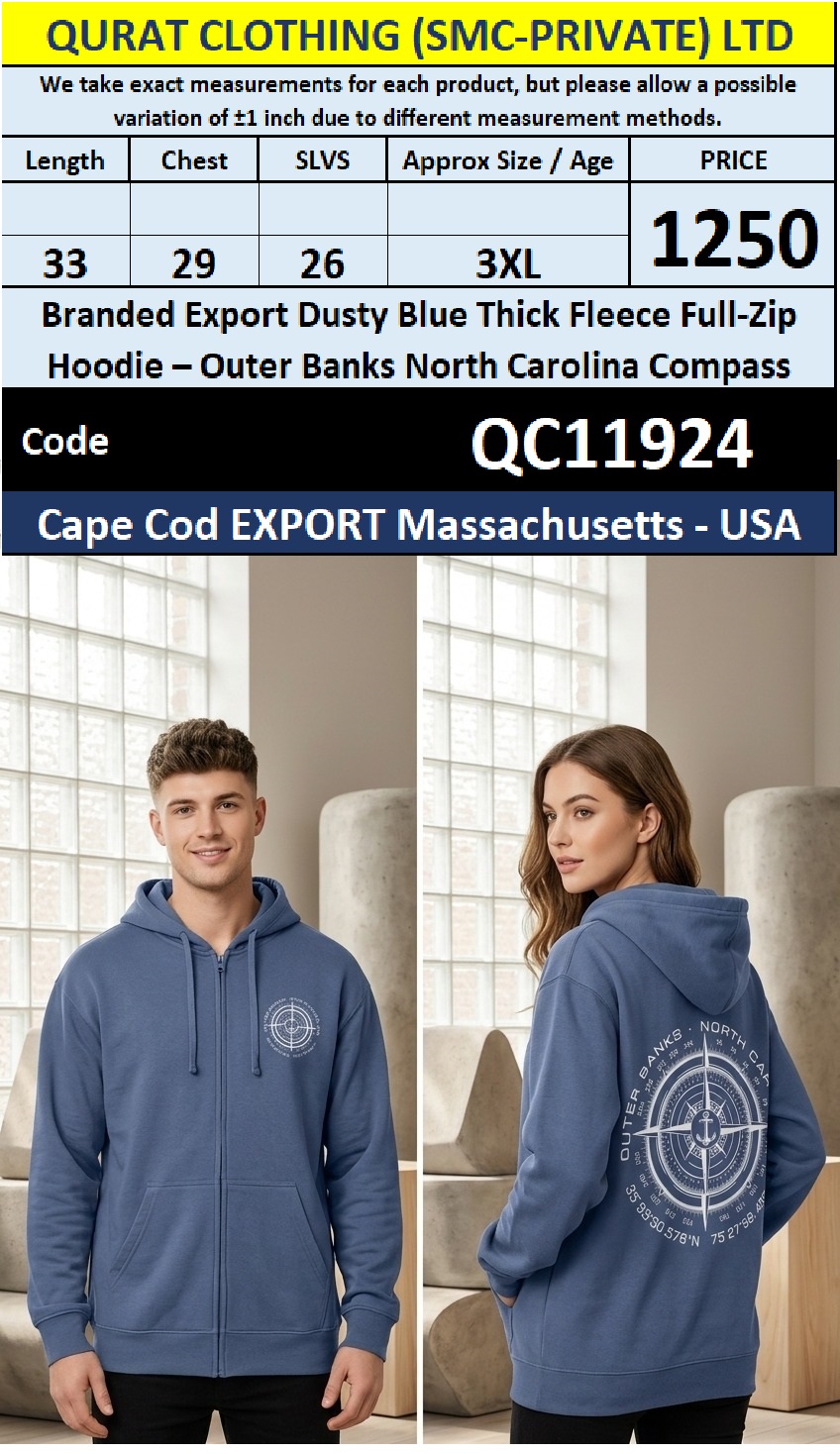 Branded Export Dusty Blue Thick Fleece Full-Zip Hoodie – Outer Banks North Carolina Compass – Cape Cod Massachusetts USA – QC11924