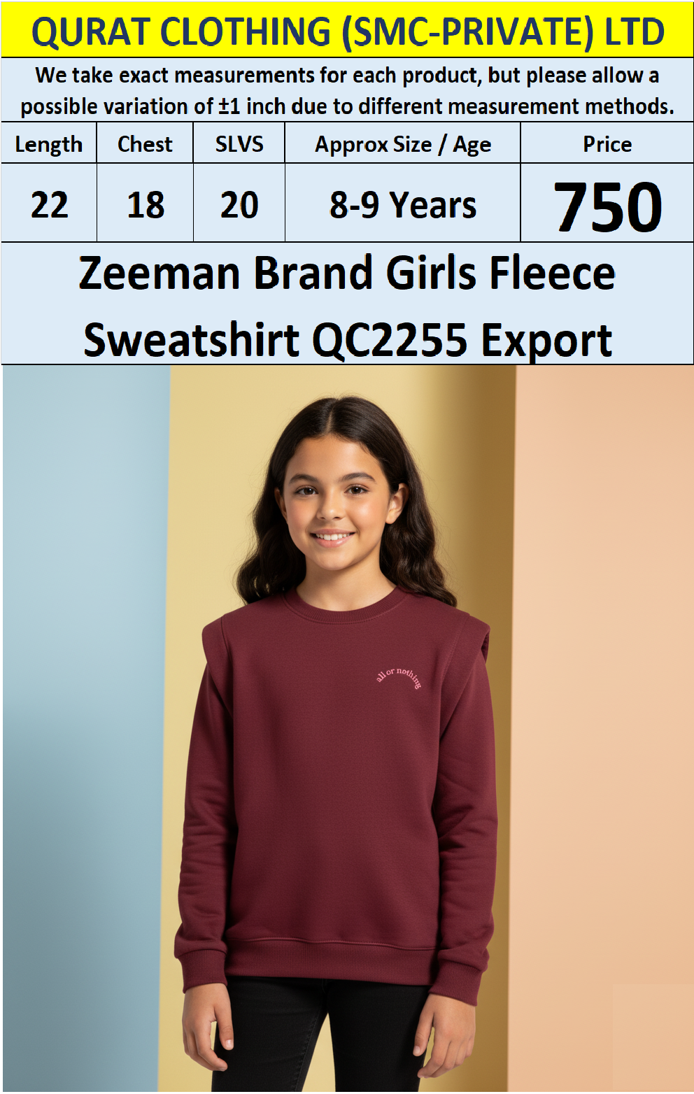 Zeeman Brand Maroon “All or Nothing” Girls Fleece Sweatshirt QC2255 – Export