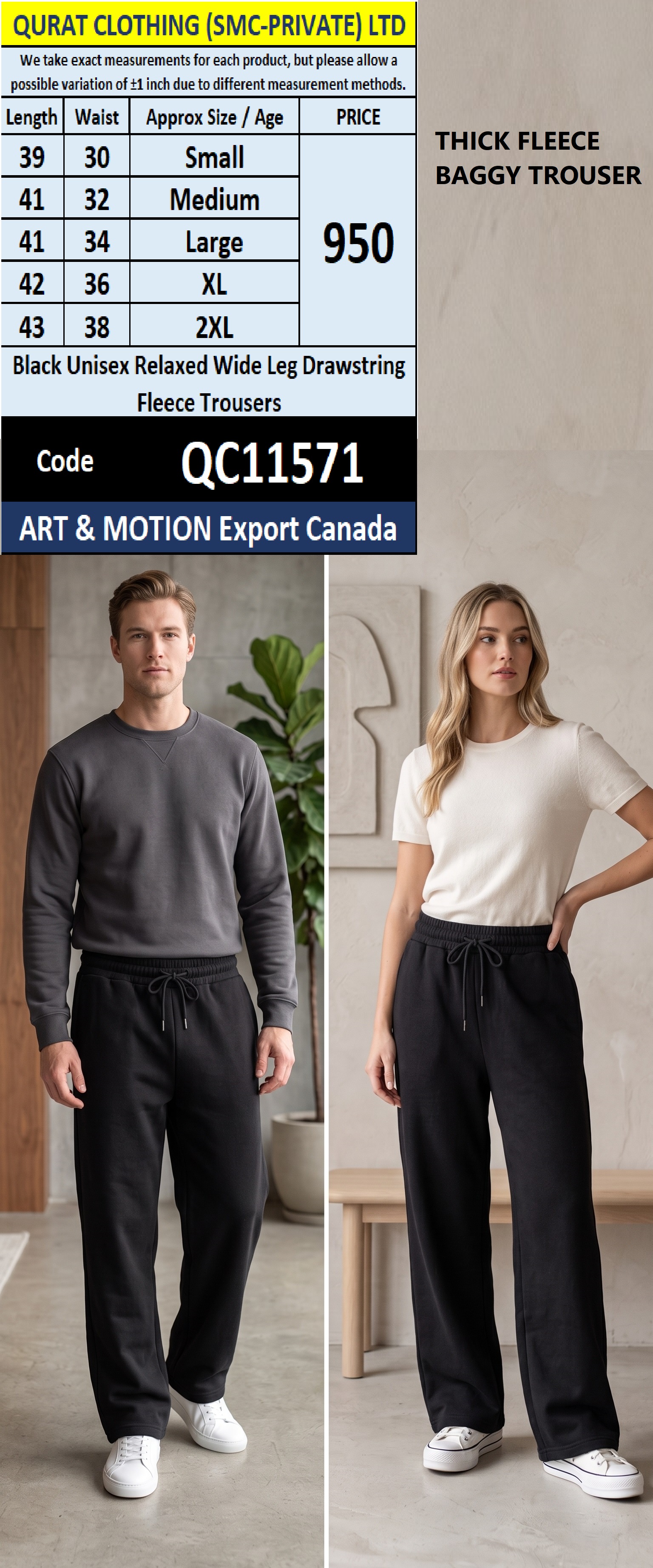 Black Unisex Relaxed Wide Leg Drawstring Fleece Trousers – ART & MOTION Export Canada – QC11571