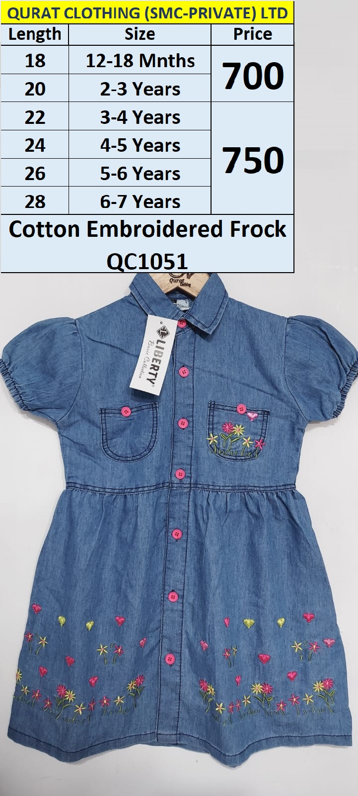 Light Blue Cotton Embroidered Frock QC1051