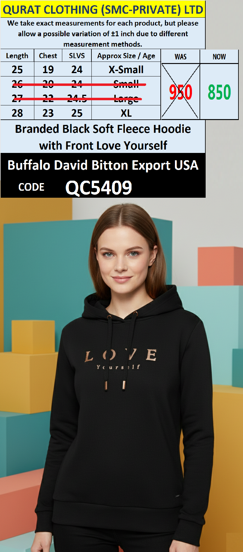 Buffalo David Bitton Black Soft Fleece Hoodie LOVE Yourself QC5409 – Export USA - QC5409