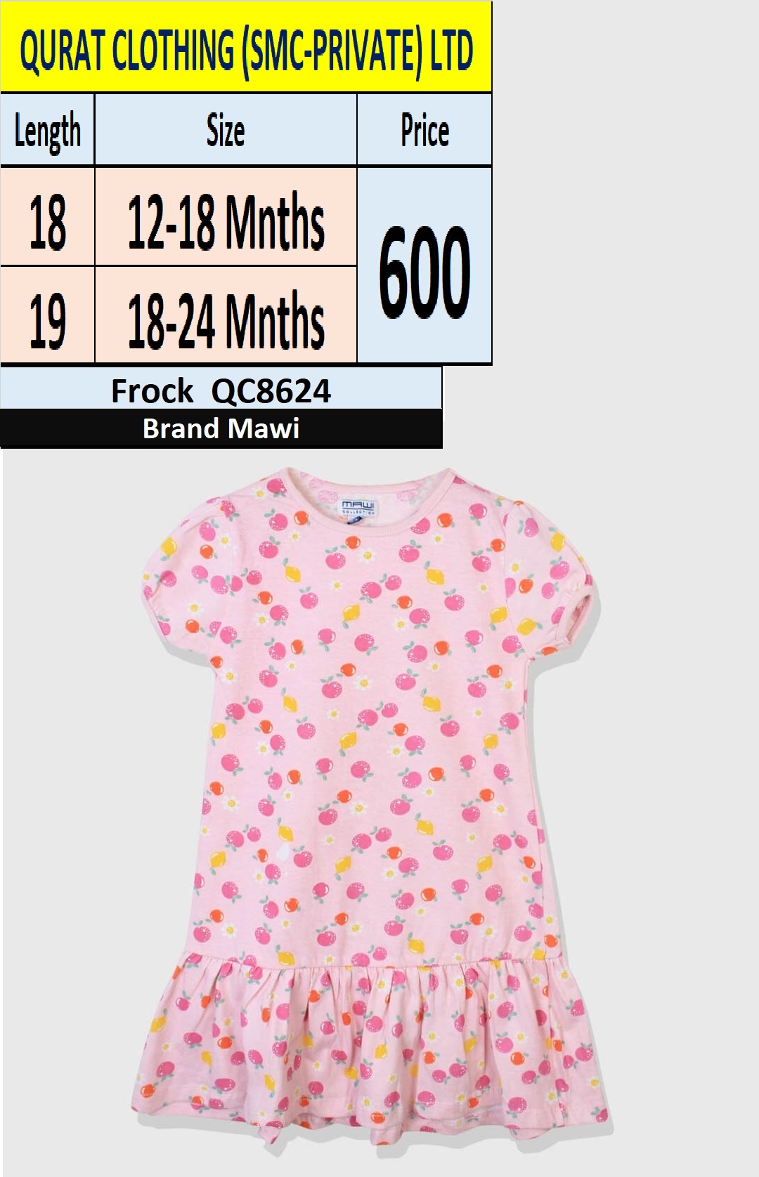 Branded Fruit & Flower Print Pink Frock QC8624 Brand Mawi 
