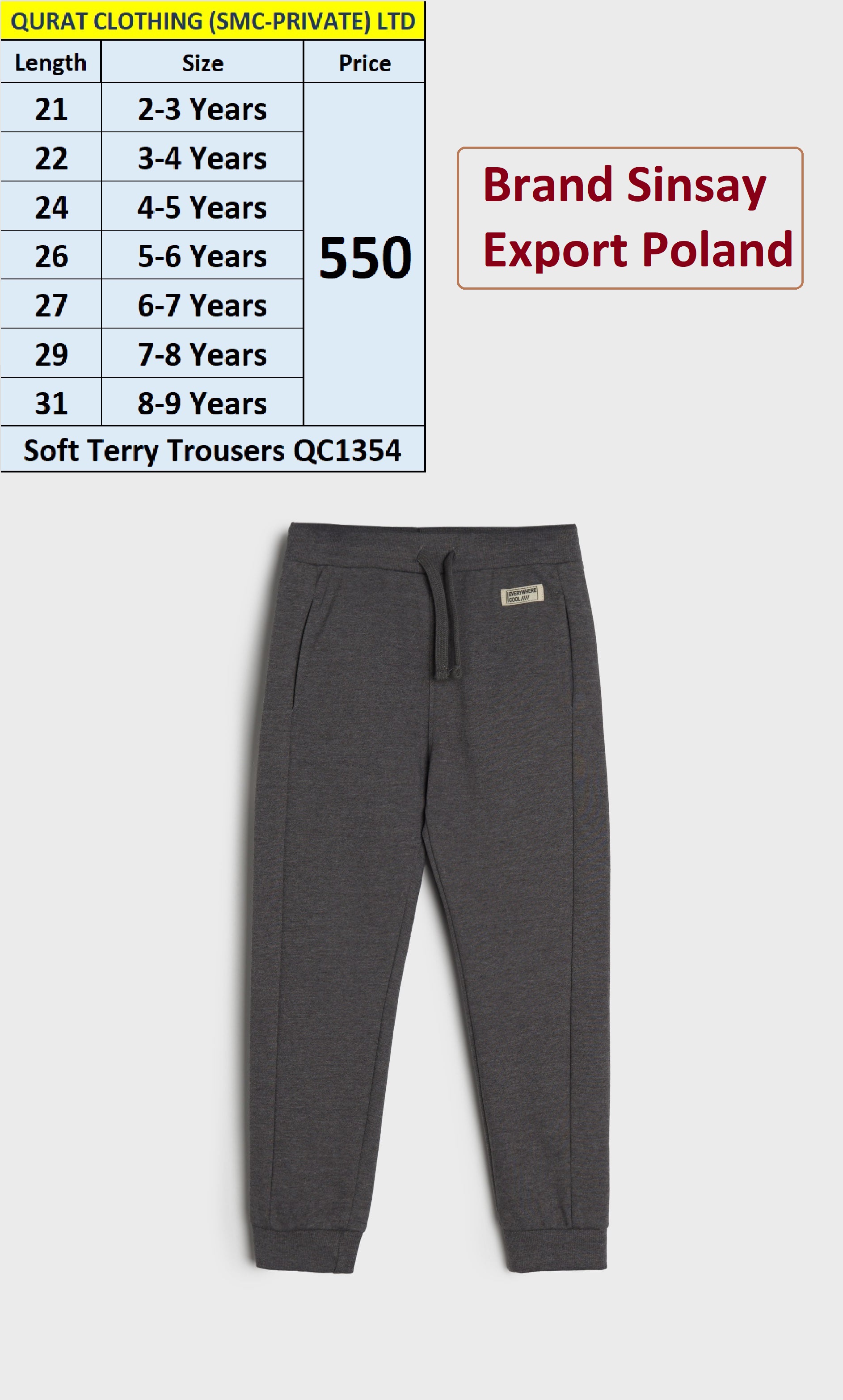 Sinsay Brand Terry Vampire Grey Trouser QC1354, Export Poland