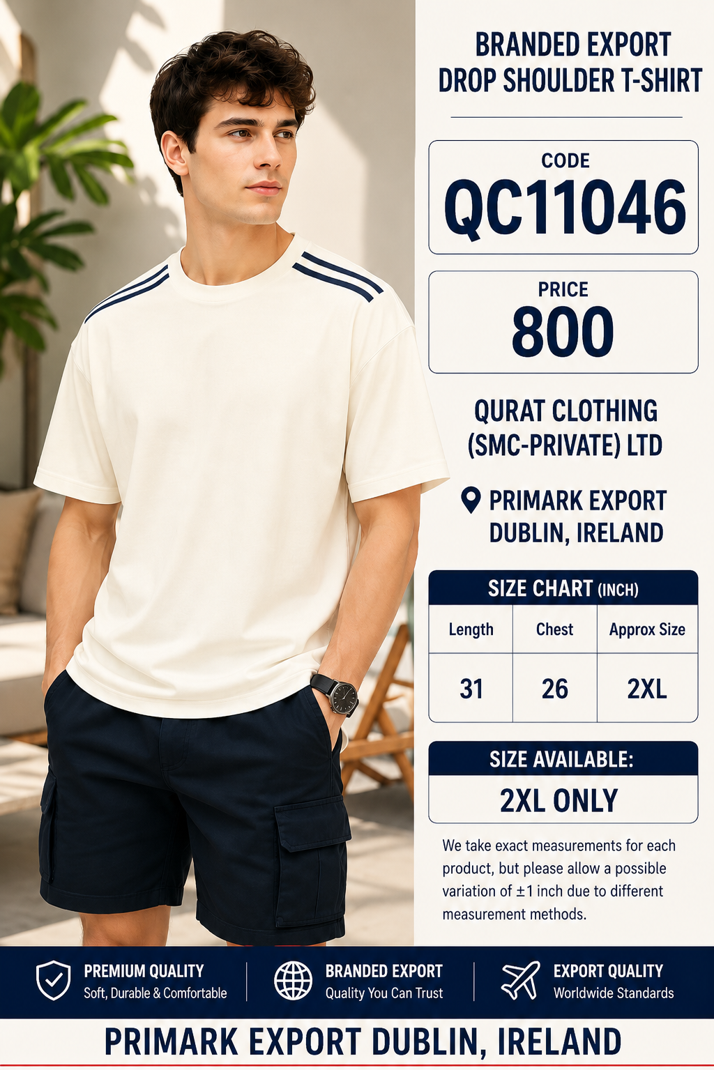 Off White Double Stripe Shoulder Branded Export Drop Shoulder T-Shirt QC11046 – Primark Export Dublin Ireland