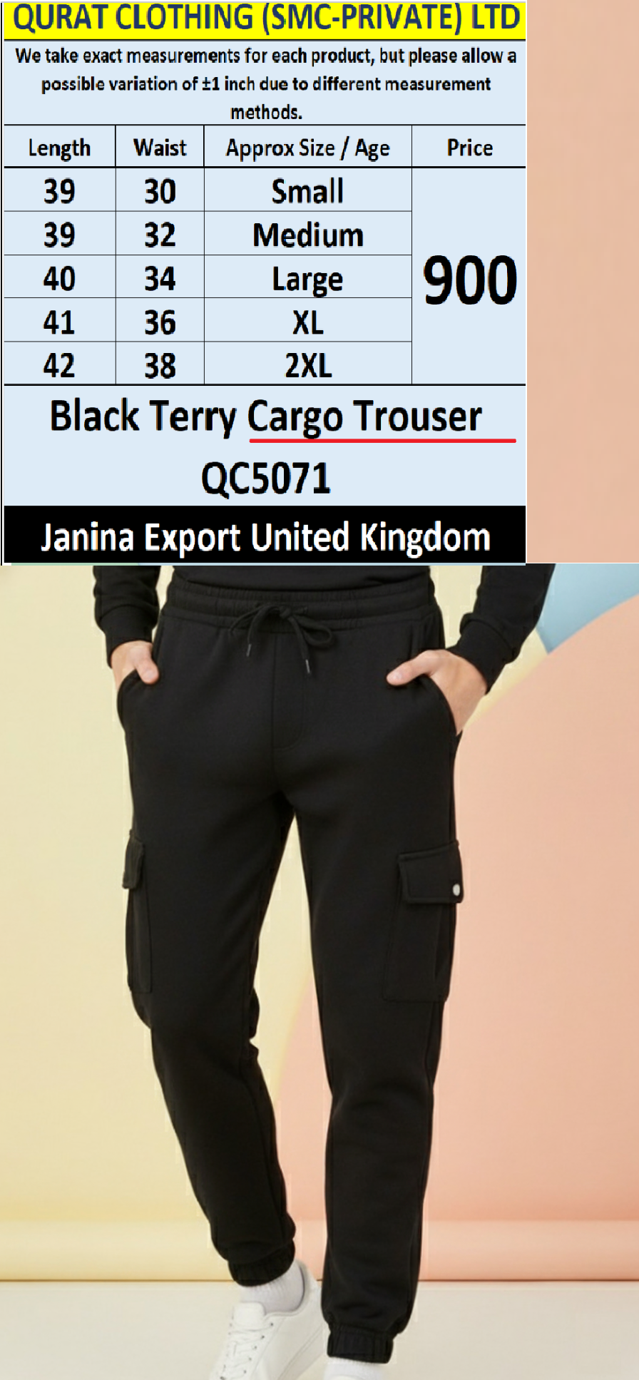 Janina Brand Black Terry Cargo Trouser QC5071 – Export United Kingdom