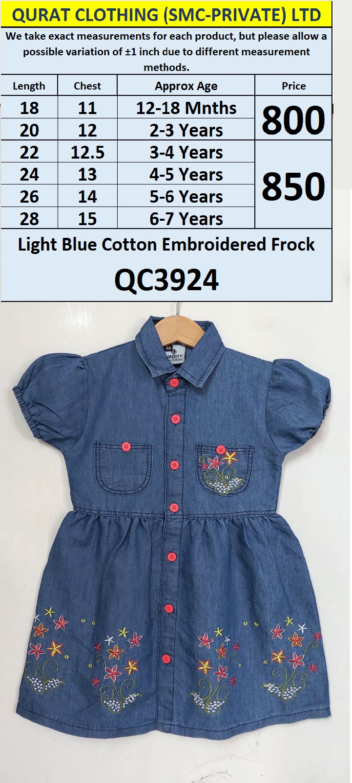 Light Blue Cotton Embroidered Frock QC3924