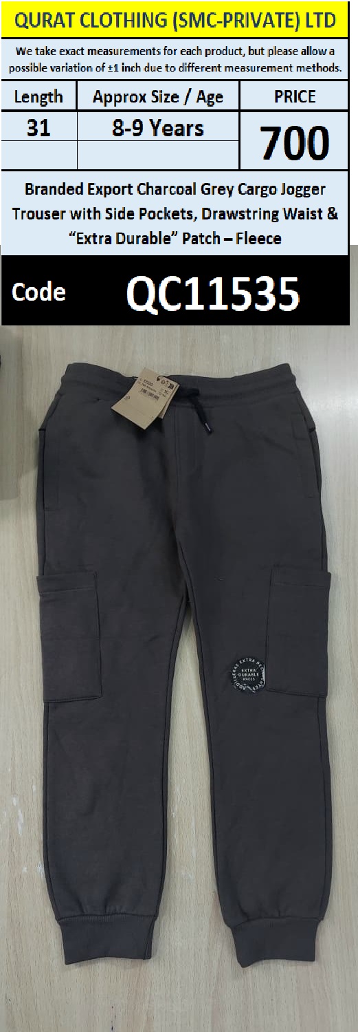 Branded Export Charcoal Grey Cargo Jogger Trouser with Side Pockets, Drawstring Waist & “Extra Durable” Patch – Fleece QC11535