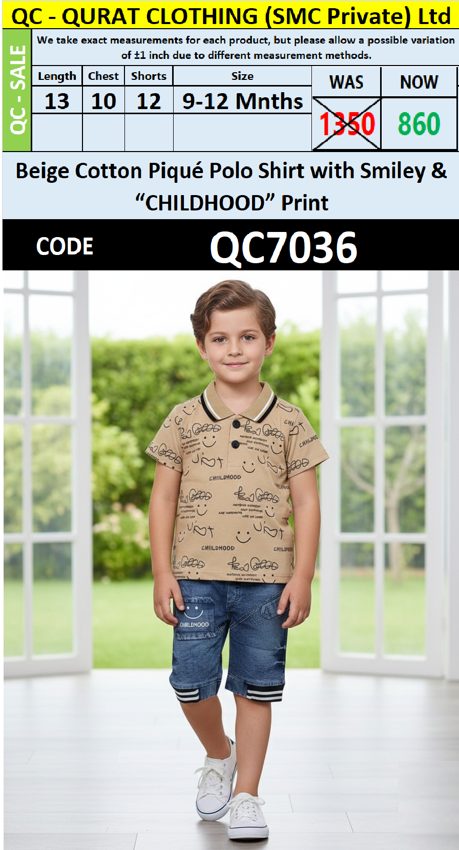 Beige Cotton Piqué Polo Shirt with Smiley & “CHILDHOOD” Print and Denim Shorts Boys Summer Set QC7036