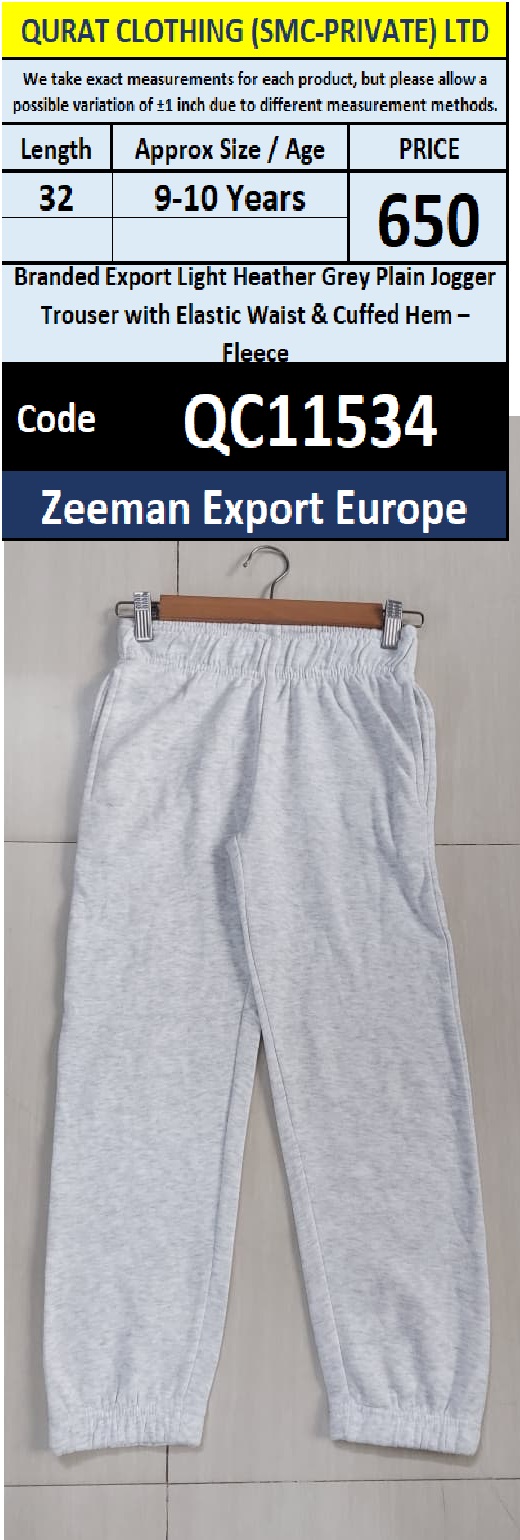 Zeeman Export Europe Branded Export Light Heather Grey Plain Jogger Trouser with Elastic Waist & Cuffed Hem – Fleece QC11534