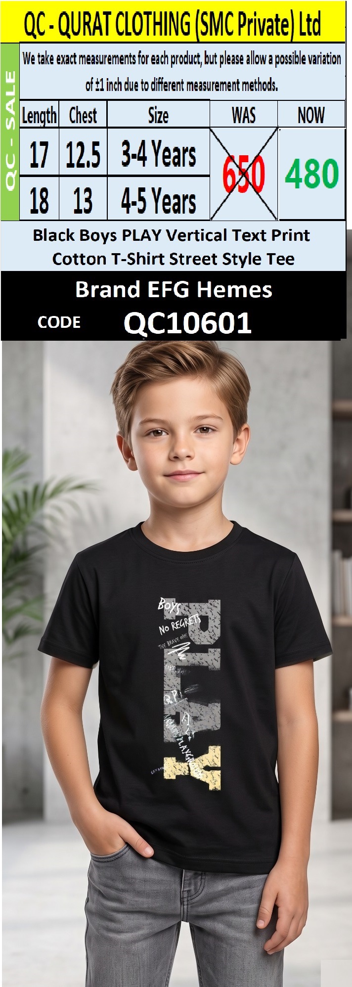 Black Boys PLAY Vertical Text Print Cotton T-Shirt Street Style Tee – QC10601