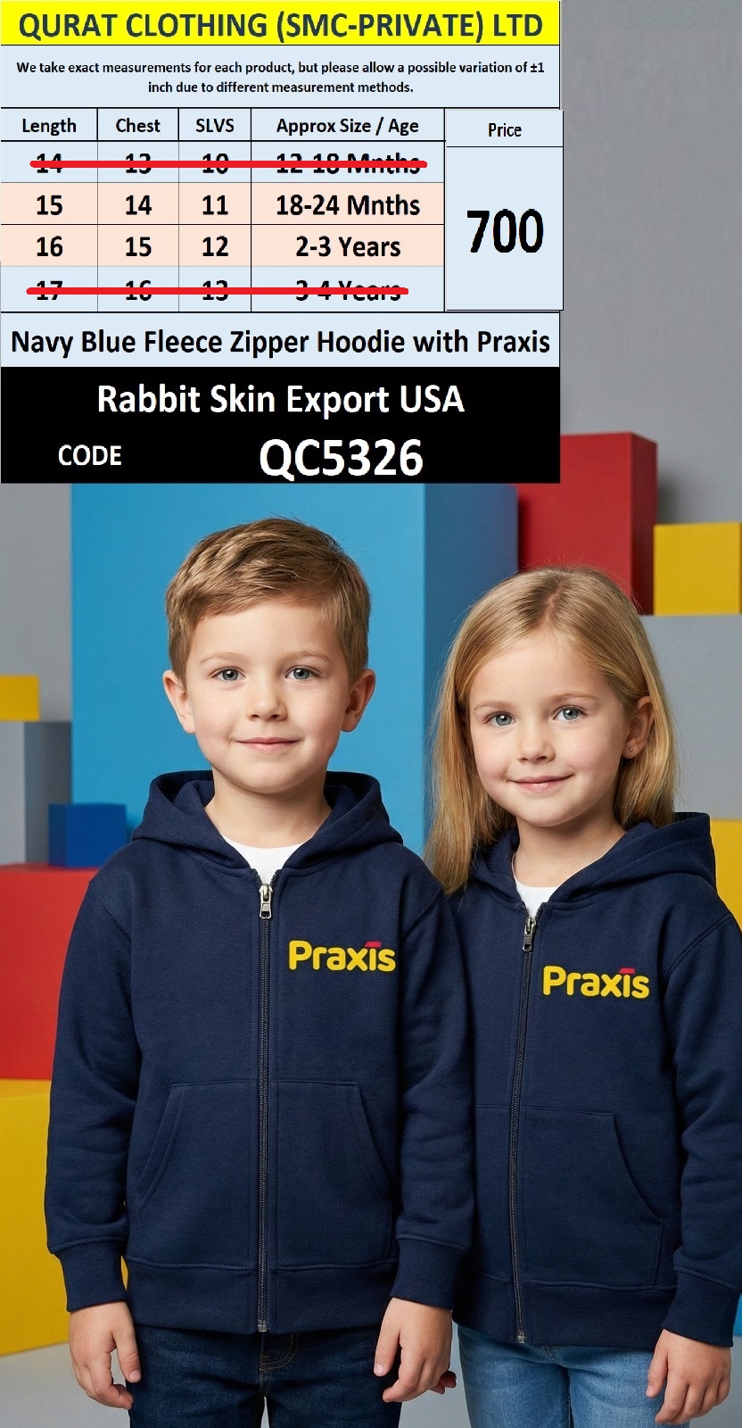 Rabbit Skin Navy Blue Fleece Zipper Hoodie Praxis Text Export USA Kids QC5326