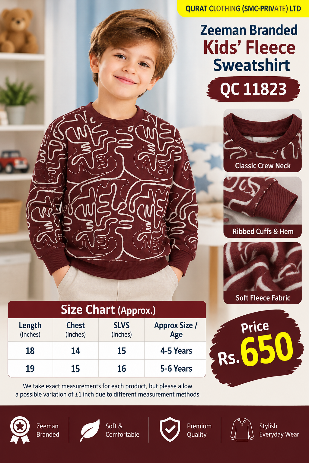 Zeeman Branded Maroon Fleece Sweatshirt with cream abstract line print — QC11823