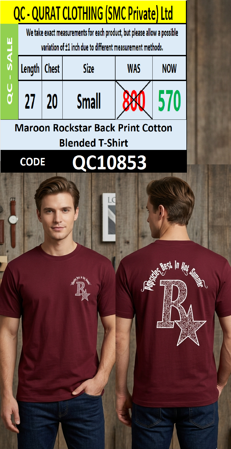 Maroon Rockstar Back Print Cotton Blended T-Shirt – QC10853