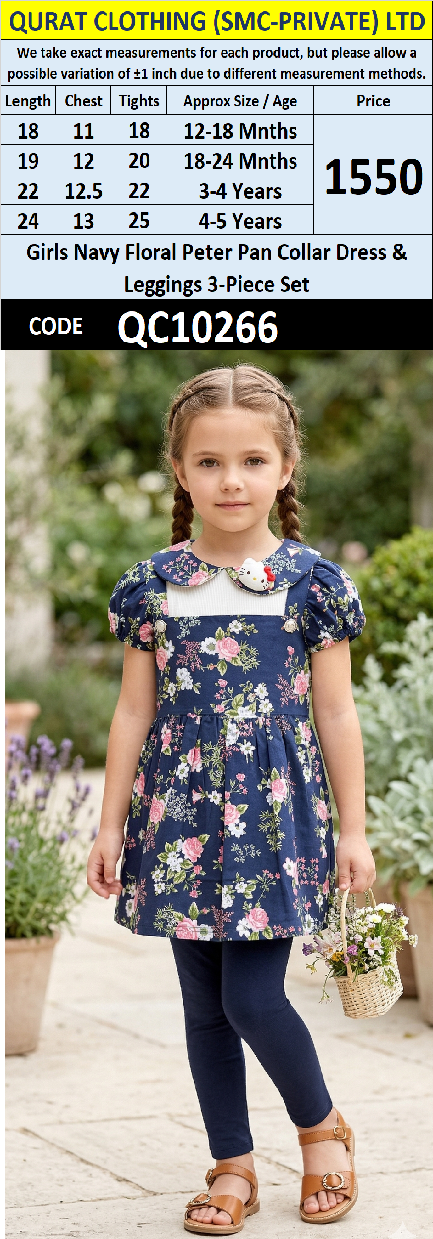 Girls Navy Floral Peter Pan Collar Dress & Leggings 3-Piece Set – QC10266 - QC10266