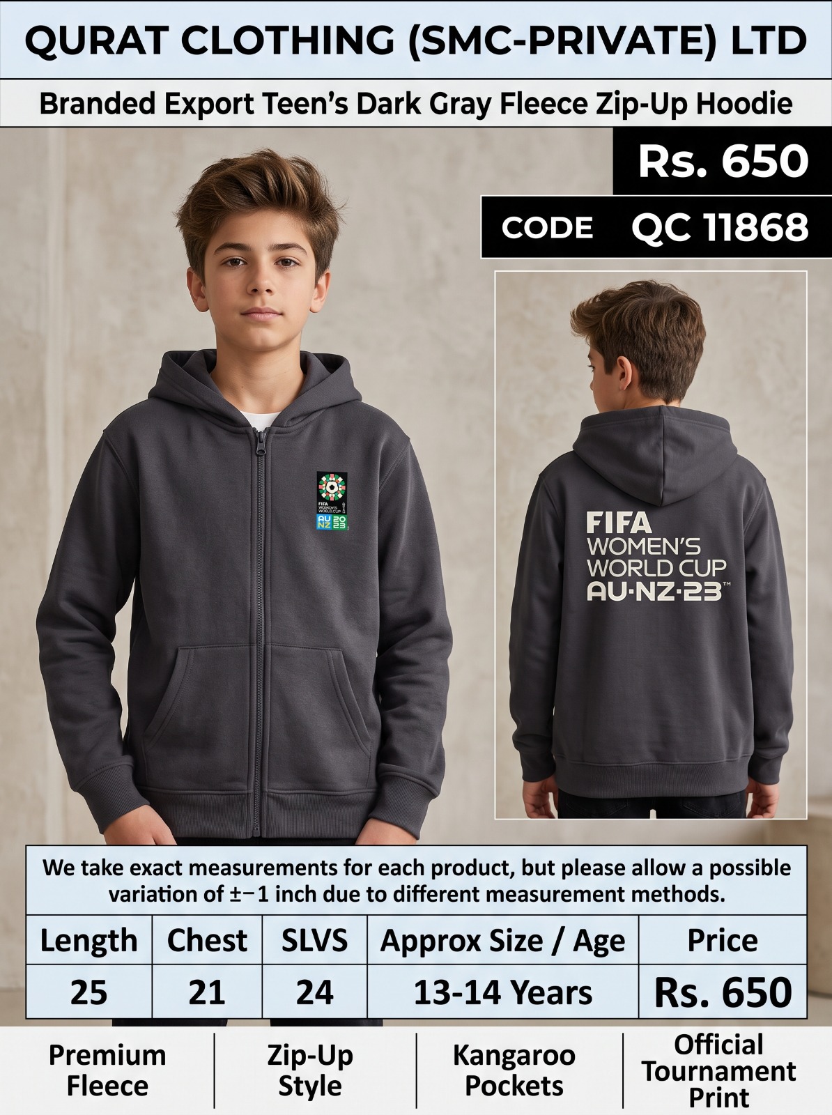 Branded dark grey fleece zip-up hoodie with FIFA World Cup AU NZ 23 front and back graphics — QC11868
