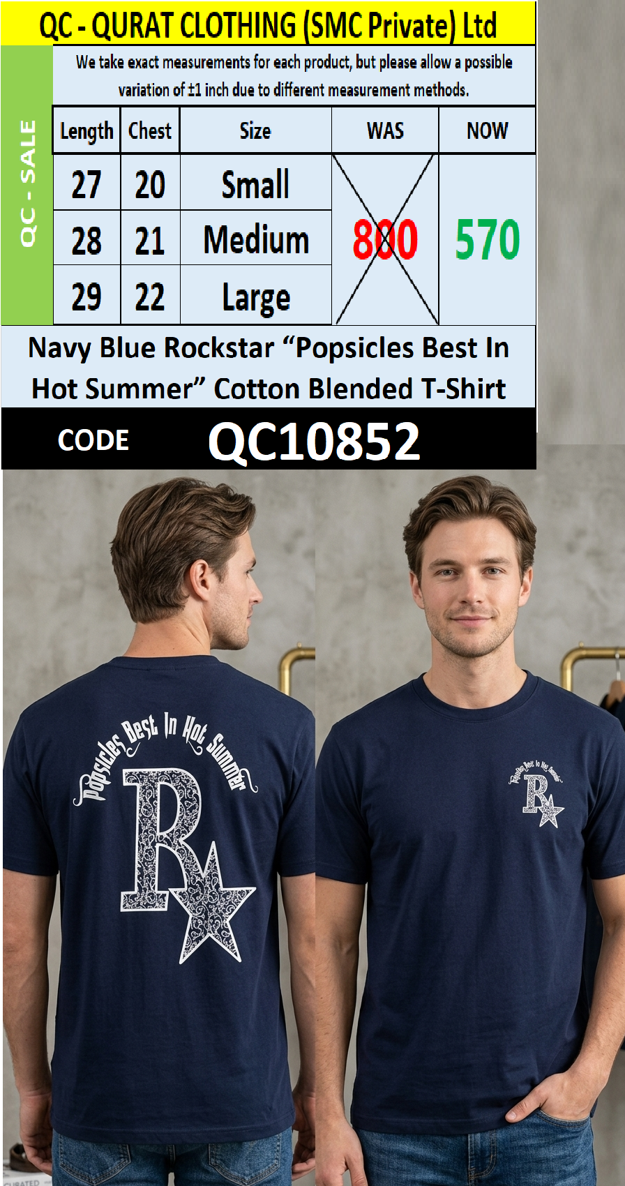 Navy Blue Rockstar “Popsicles Best In Hot Summer” Cotton Blended T-Shirt – QC10852