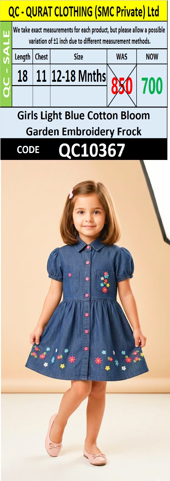 Girls Light Blue Cotton Bloom Garden Embroidery Frock QC10367