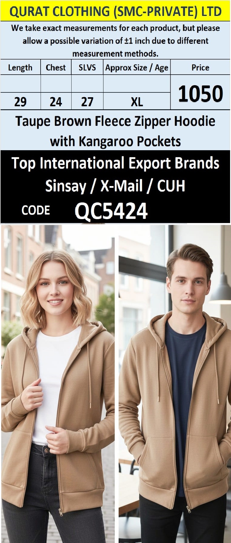 Taupe Brown Fleece Zipper Hoodie with Kangaroo Pockets QC5424