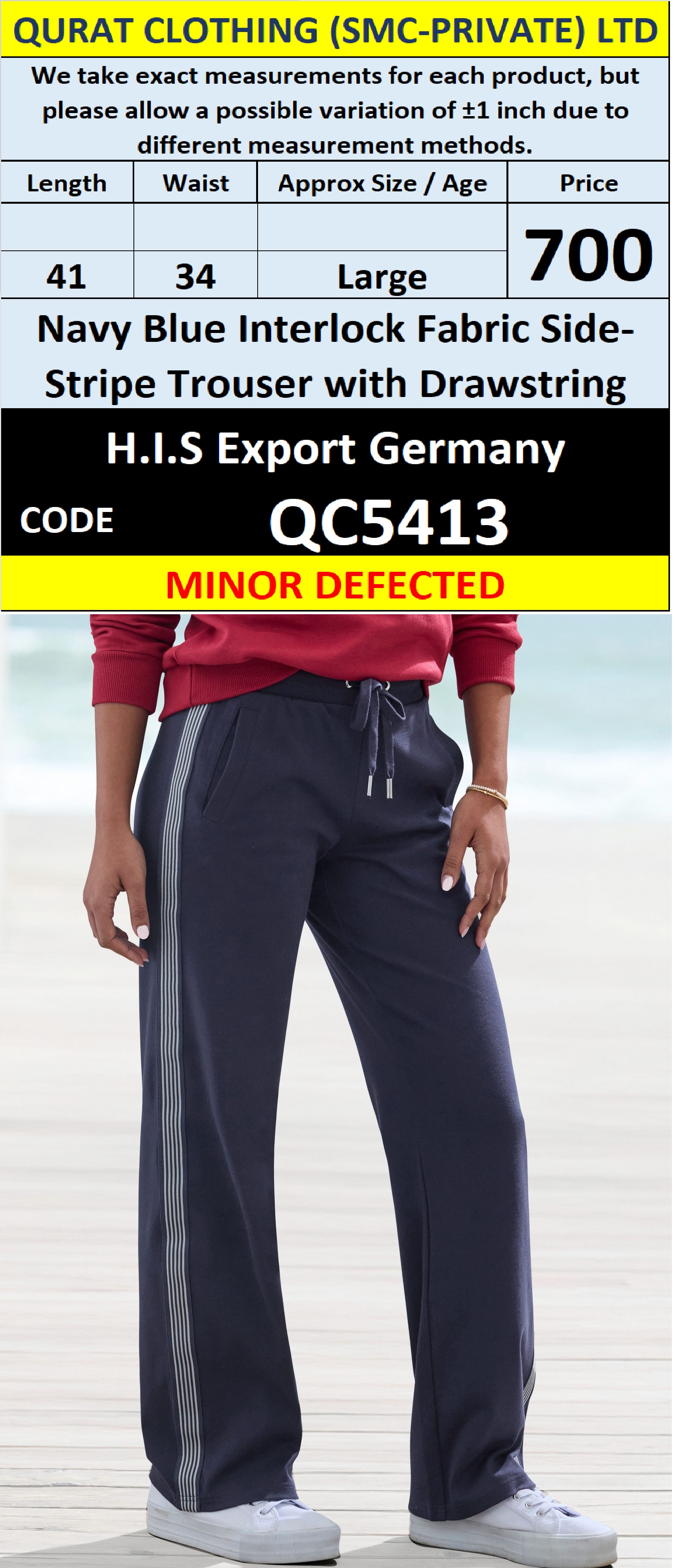 H.I.S Navy Blue Interlock Fabric Side-Stripe Trouser with Drawstring QC5413 – Export Germany (Minor Defected)