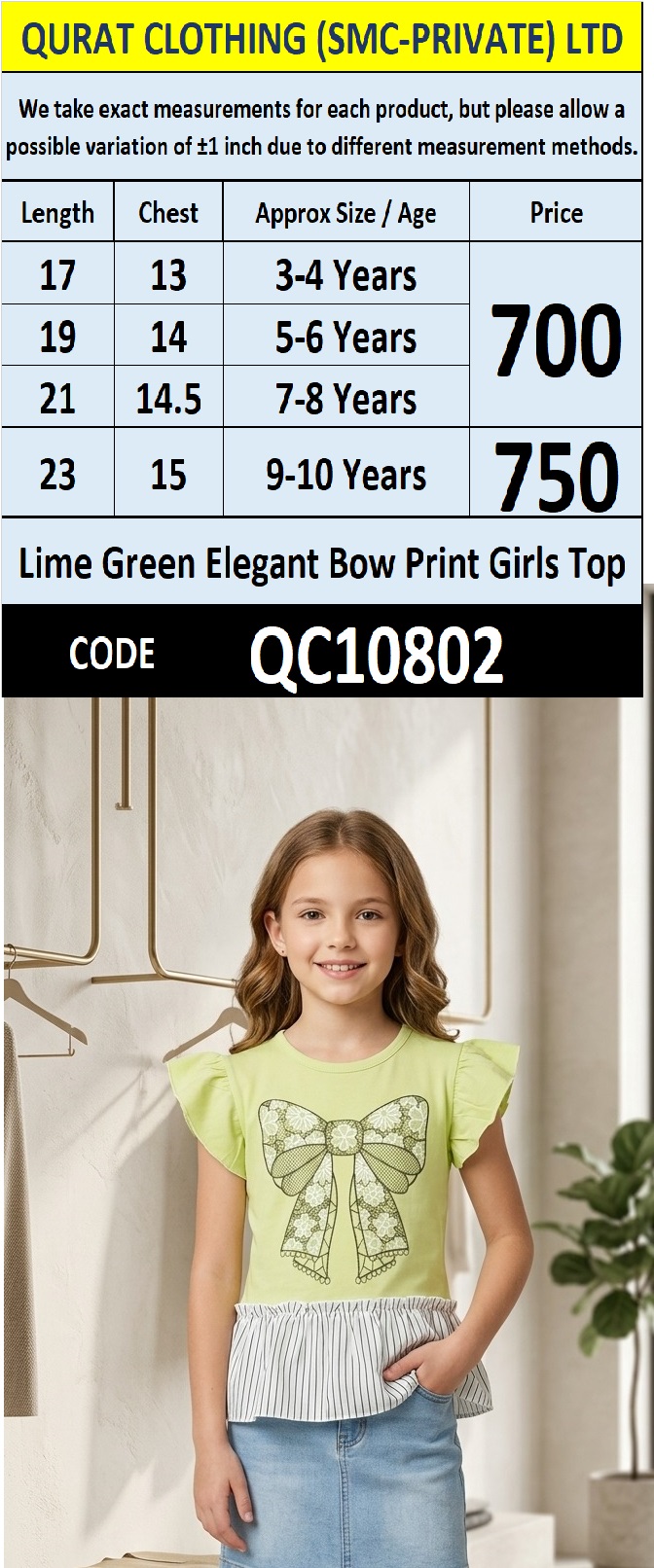 Lime Green Elegant Bow Print Girls Top QC10802