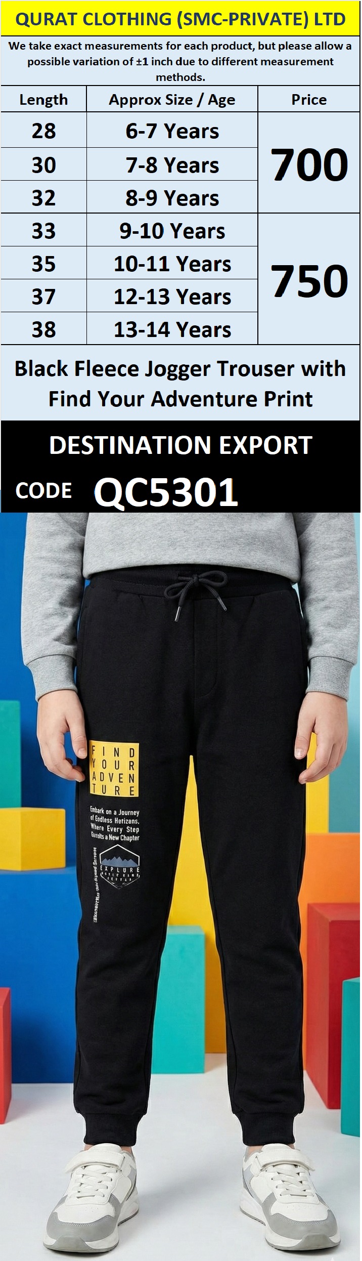 Black Fleece Jogger Trouser with Find Your Adventure Print for Kids QC5301