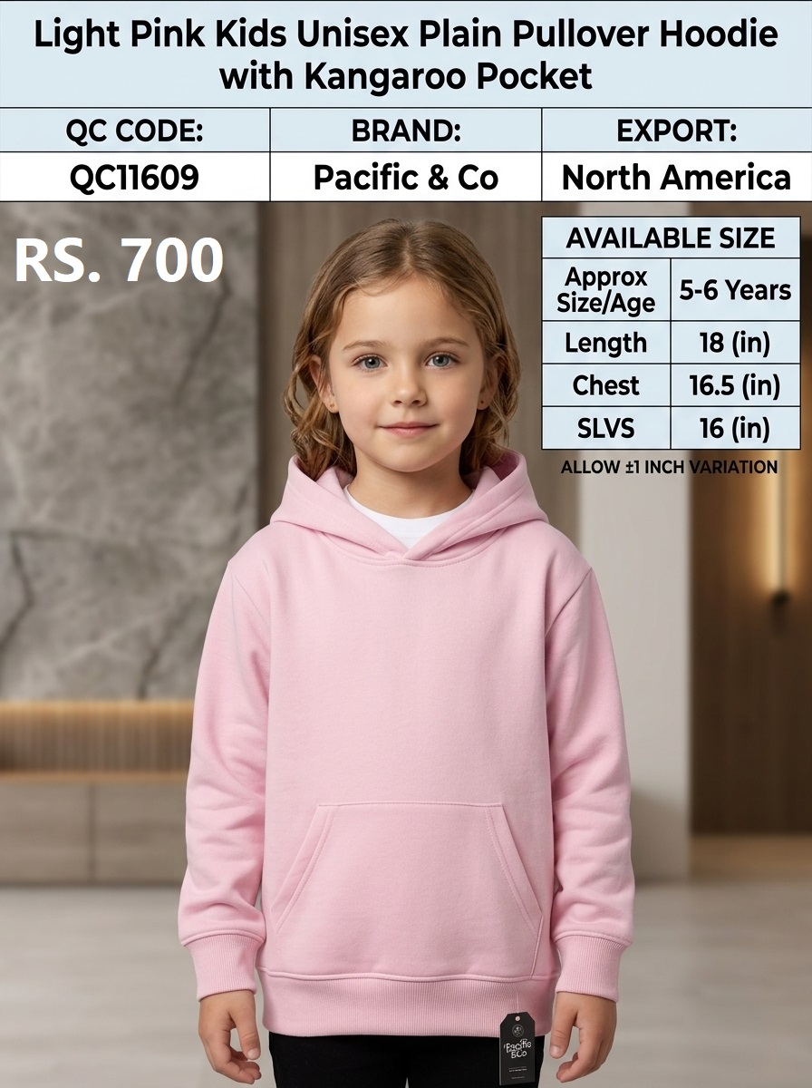 Pacific & Co Light Pink Kids Unisex Plain Pullover Hoodie with Kangaroo Pocket – Export North America – QC11609