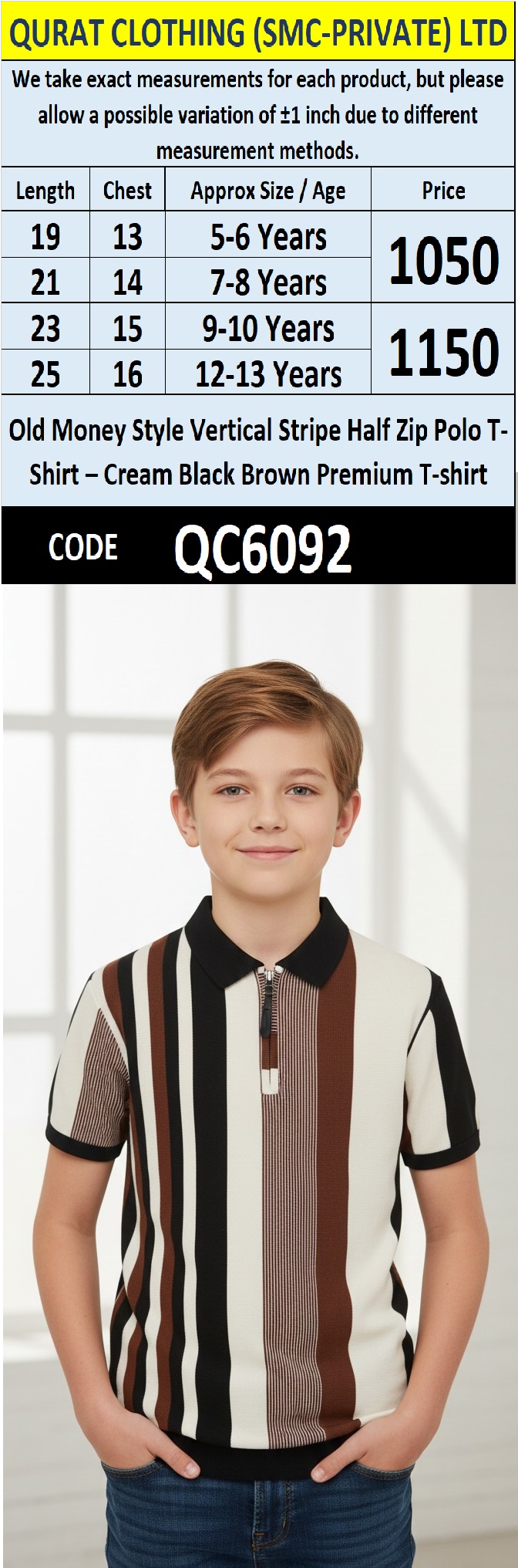 Old Money Style Vertical Stripe Half Zip Polo T-Shirt – Cream Black Brown Premium Ribbed QC6092