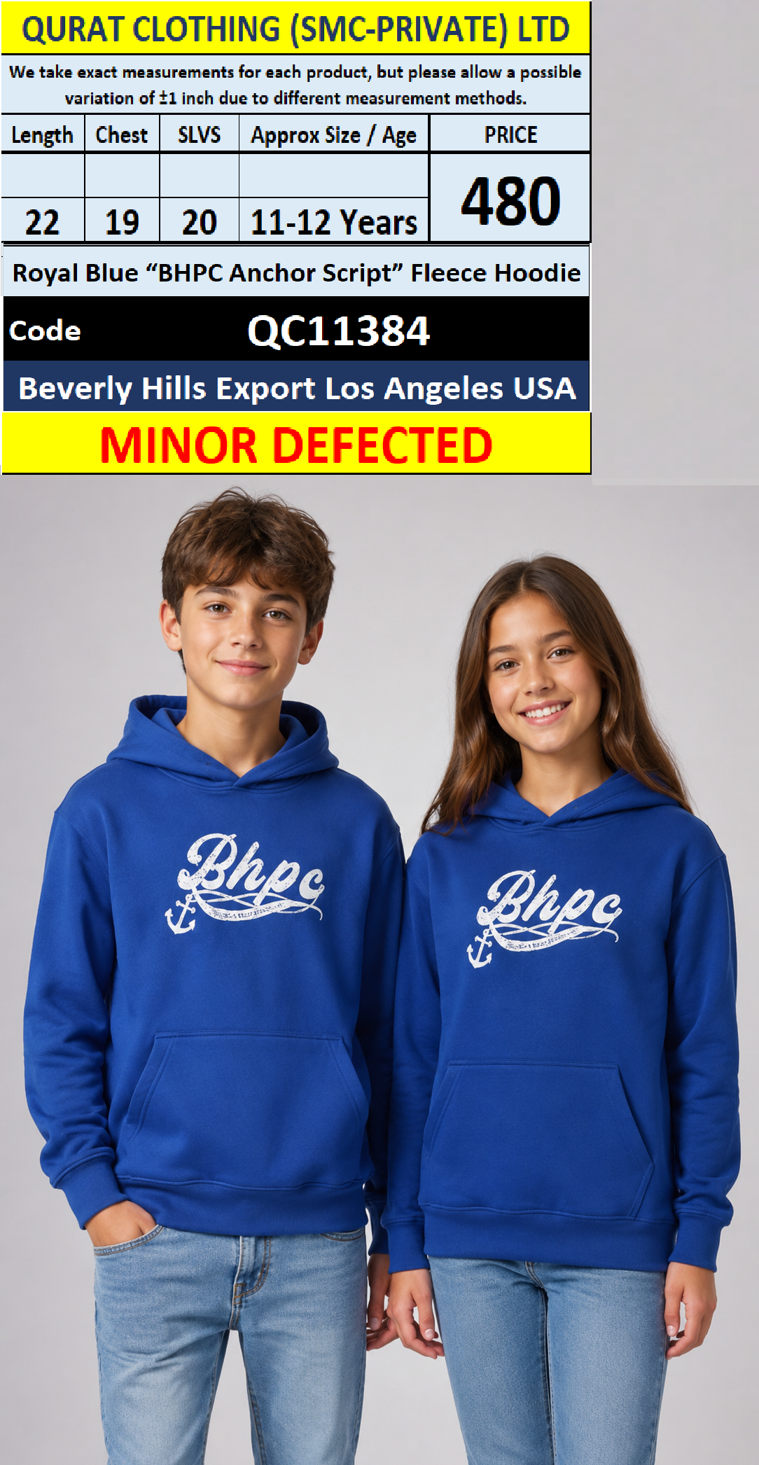 Royal Blue “BHPC Anchor Script” Fleece Hoodie – Beverly Hills Export Los Angeles USA – QC11384