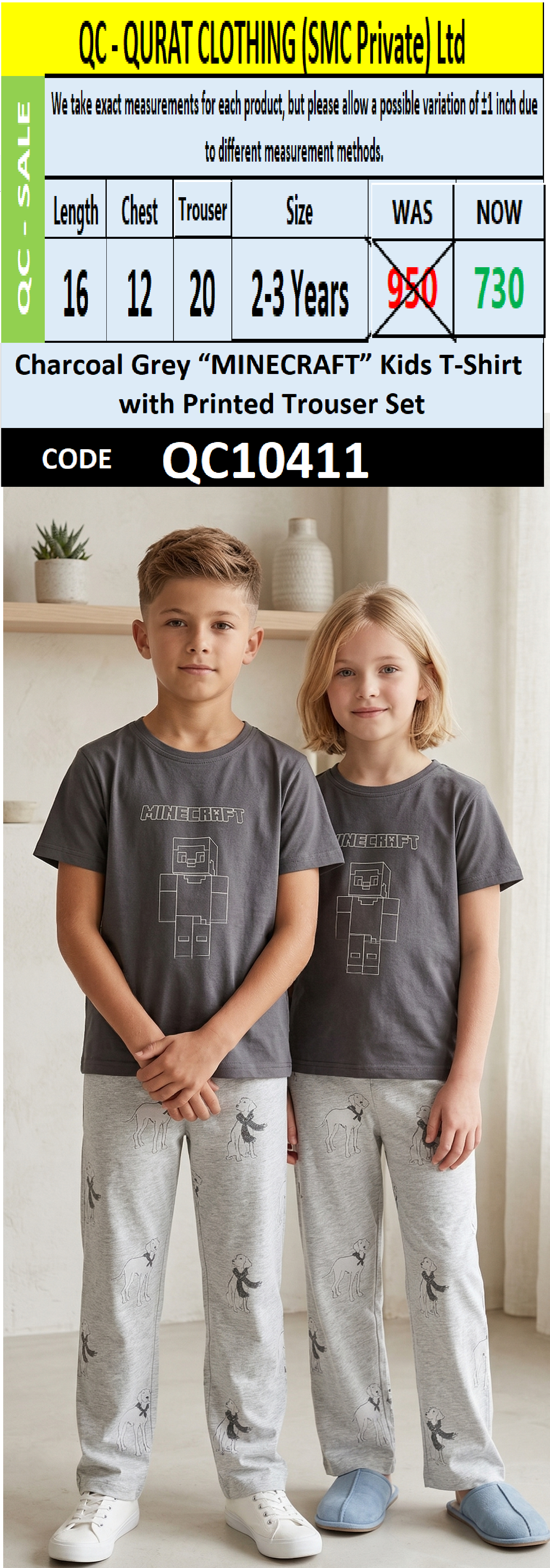 Charcoal Grey “MINECRAFT” Kids T-Shirt with Printed Trouser Set QC10411