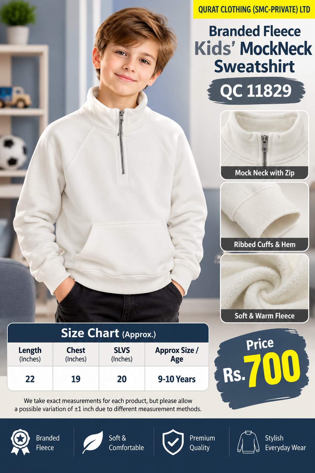 Branded Off-White Fleece Mock Neck Sweatshirt with plain finish with short front zip and kangaroo pocket — QC11829