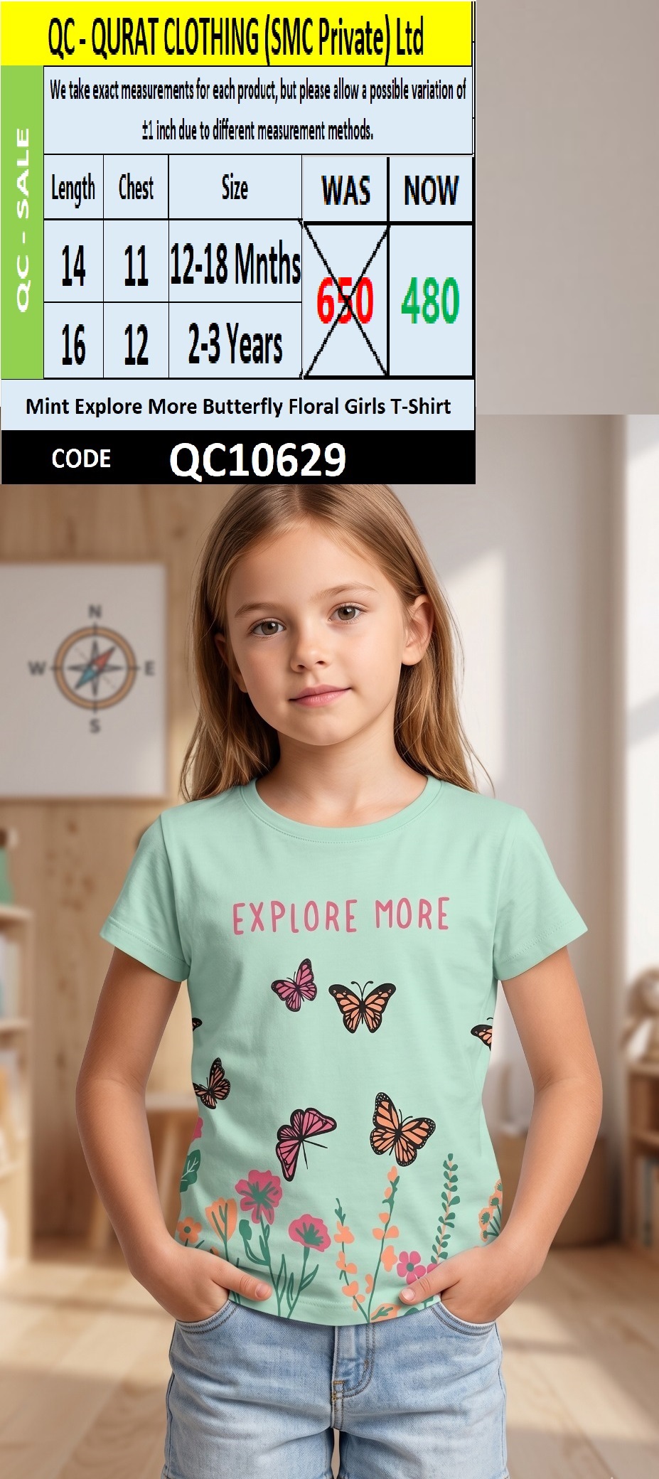 Mint Explore More Butterfly Floral Girls T-Shirt QC10629
