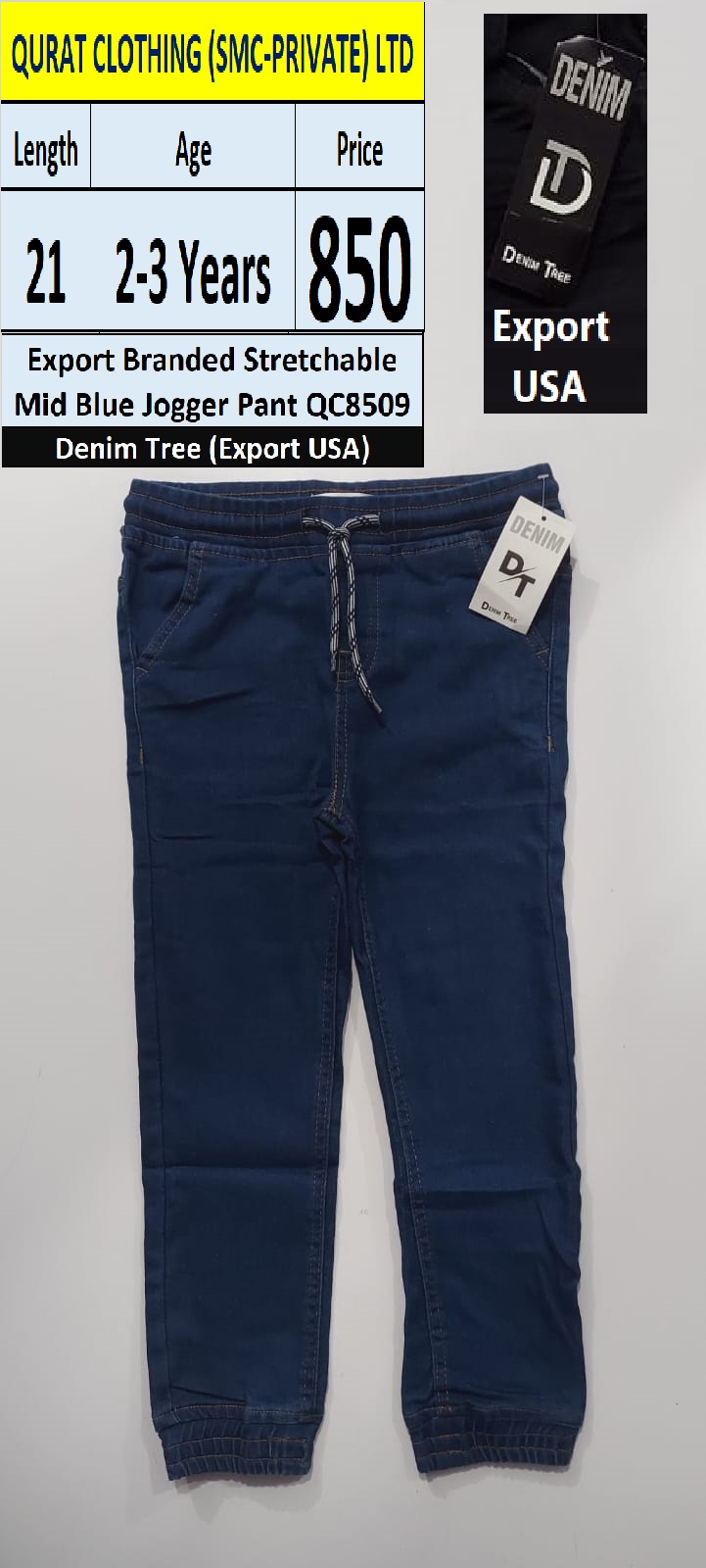 Export Stretchable Mid Blue Jogger Pant QC8509 Brand Denim Tree Export USA