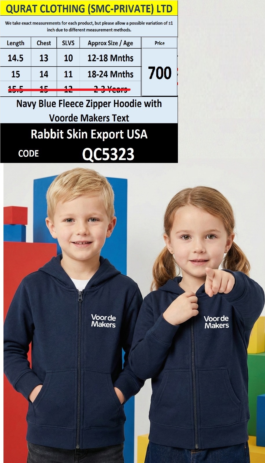 Rabbit Skin Navy Blue Fleece Zipper Hoodie Voorde Makers Text Export USA Kids QC5323