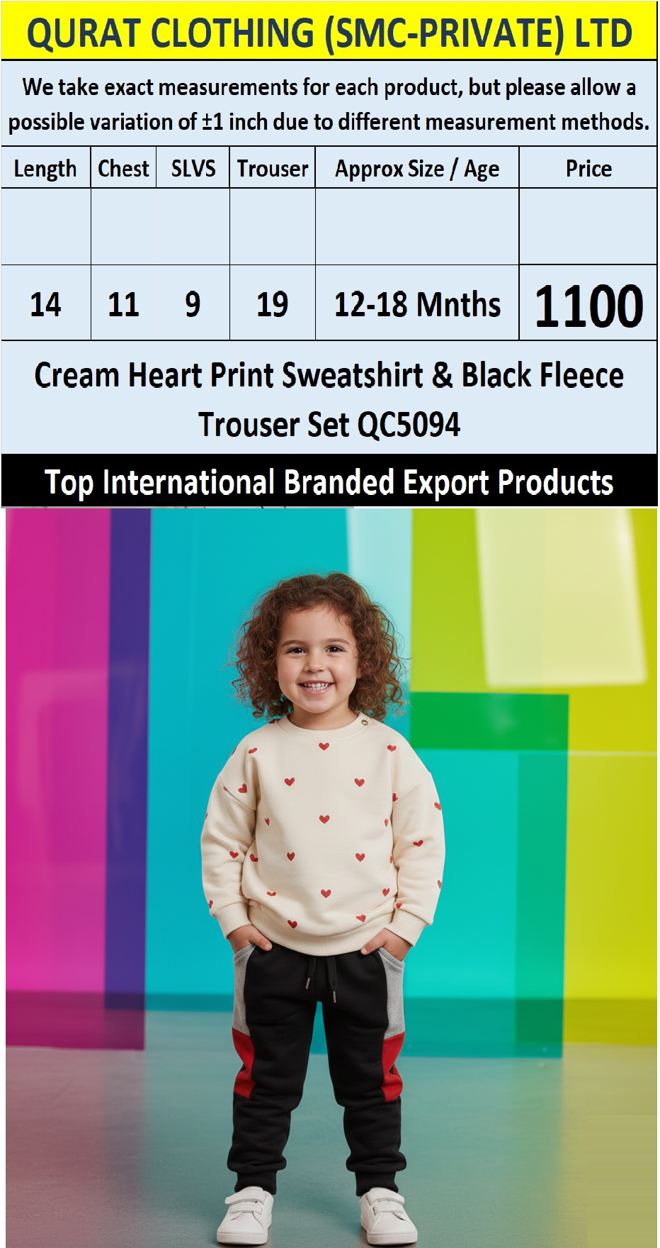 Cream Heart Print Sweatshirt & Black Fleece Trouser Set QC5094 – Top International Branded Export Product