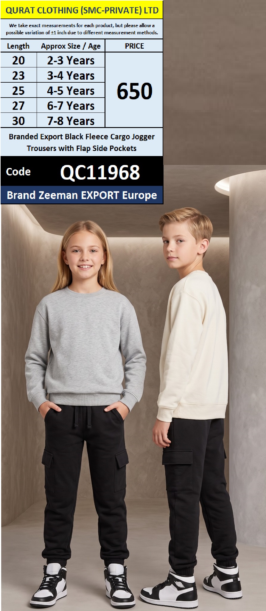 Zeeman Export Europe Branded Export Black Fleece Cargo Jogger Trousers with Flap Side Pockets – QC11968