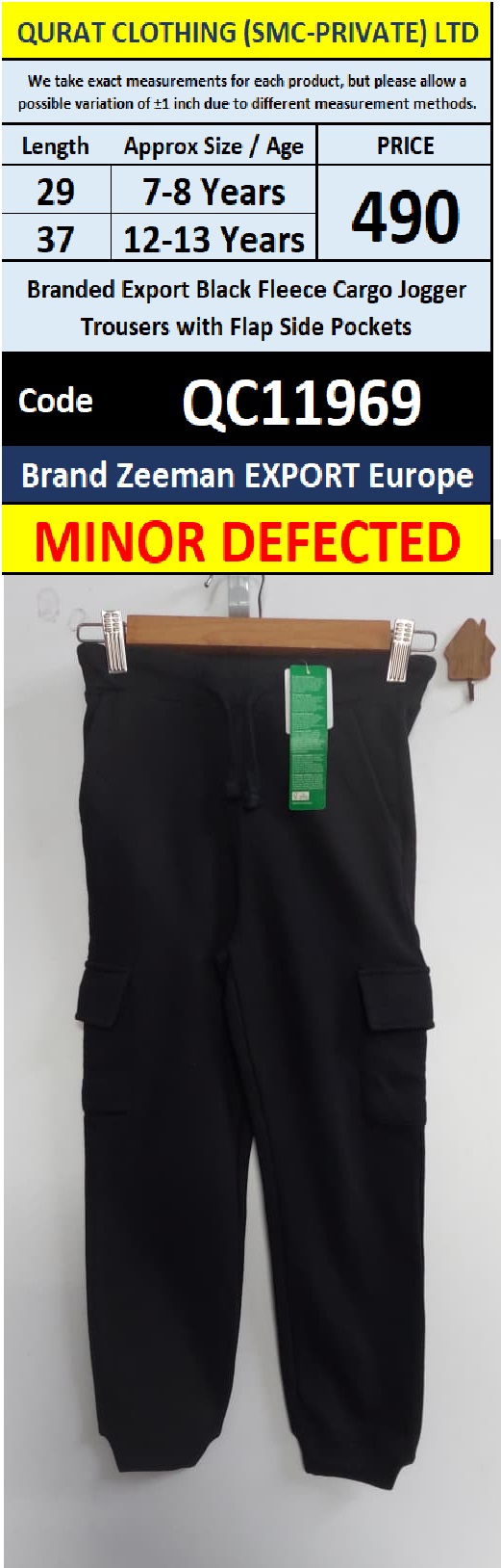 Zeeman Export Europe Branded Export Black Fleece Cargo Jogger Trousers with Flap Side Pockets – Minor Defected – QC11969