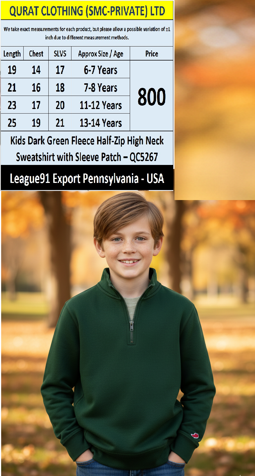 League91 Dark Green Fleece Half-Zip High Neck Kids Sweatshirt with Sleeve Patch – QC5267 – Export USA