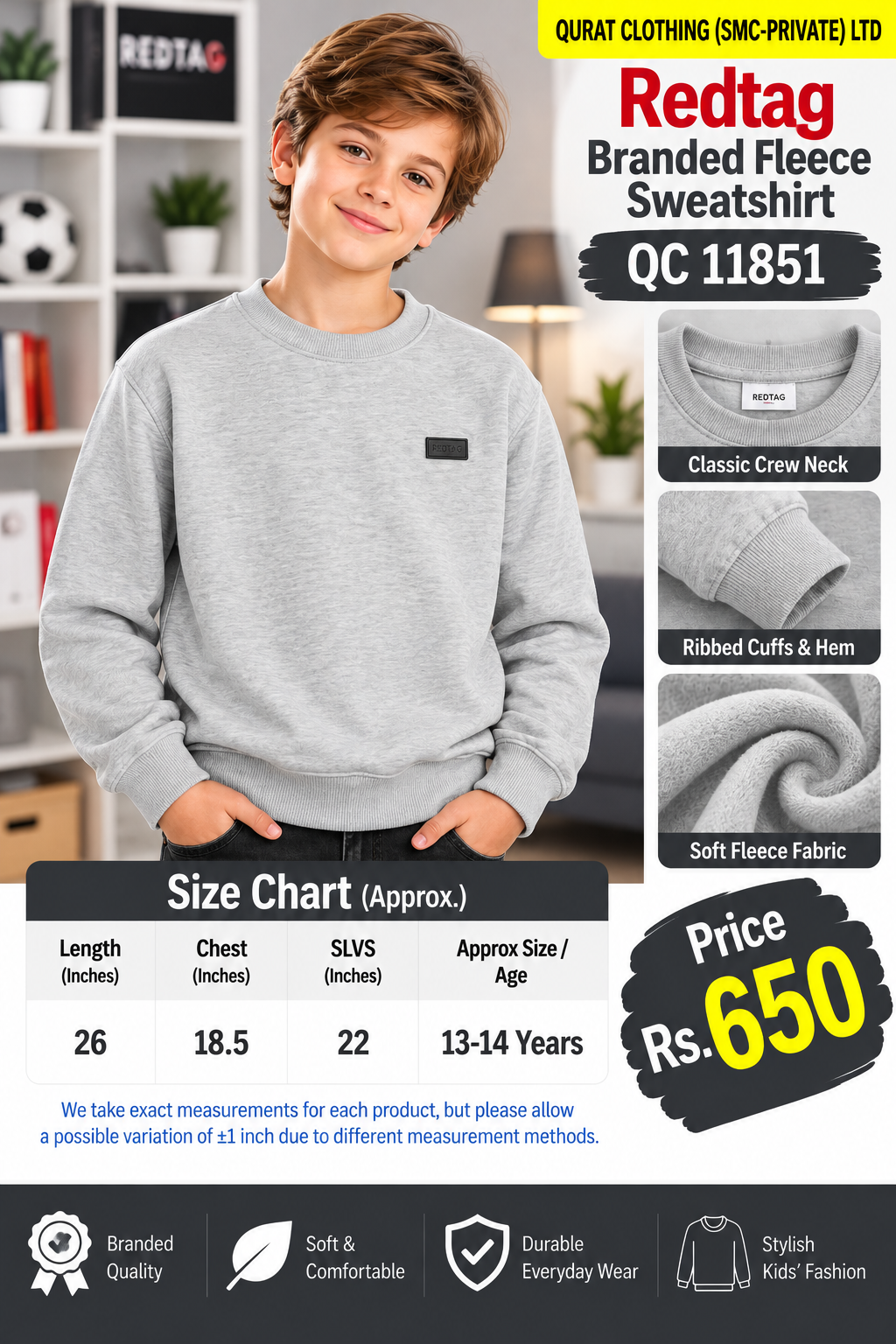 Redtag Branded light grey marl fleece sweatshirt with small rectangular chest badge — QC11851