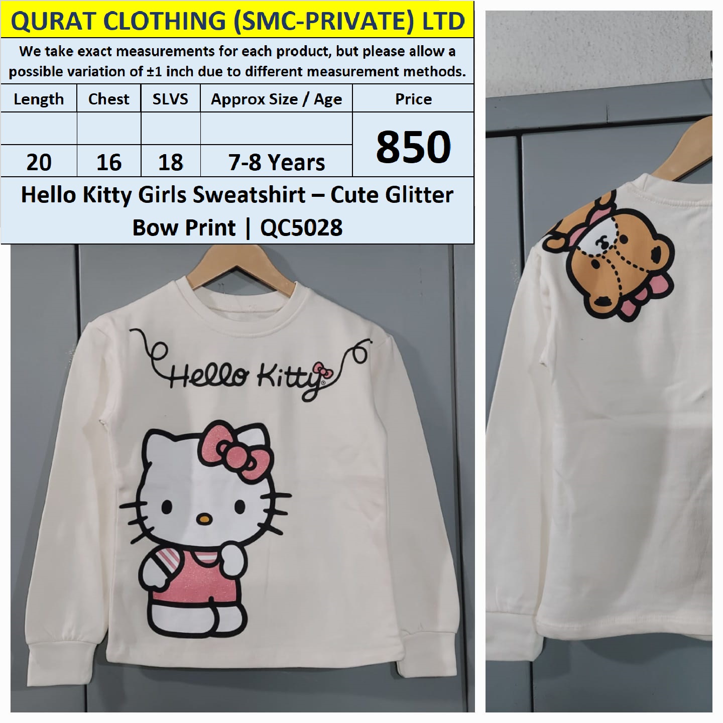 Hello Kitty Girls Sweatshirt – Cute Glitter Bow Print QC5028