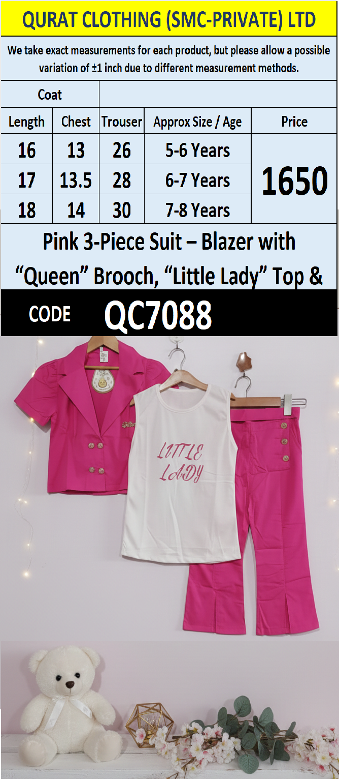 Pink 3-Paiece Suit – Blazer with “Queen” Brooch, “Little Lady” Top & Trousers QC7088 - QC7088
