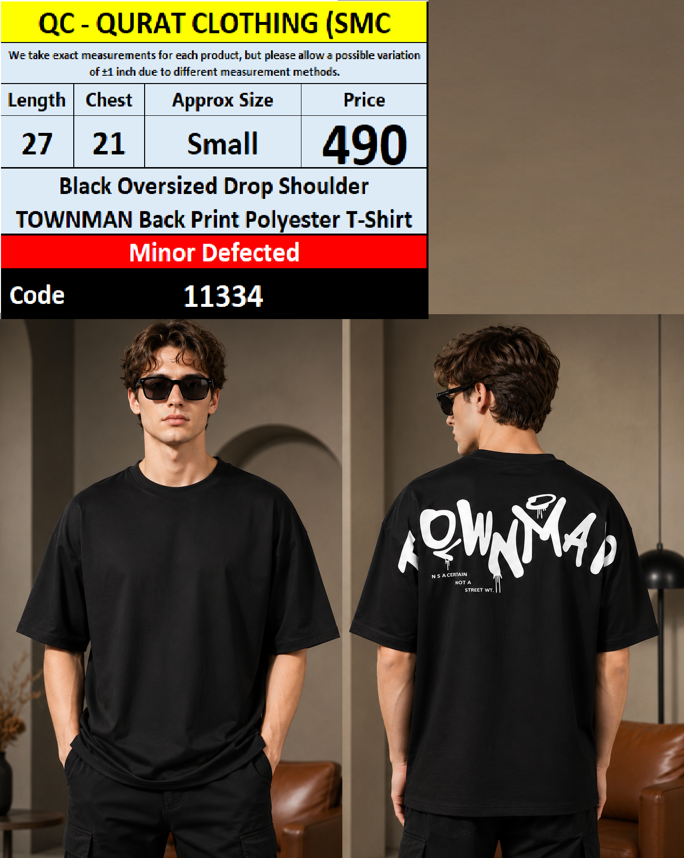 Black Oversized Drop Shoulder Townman Back Print Polyester T-Shirt – QC11334