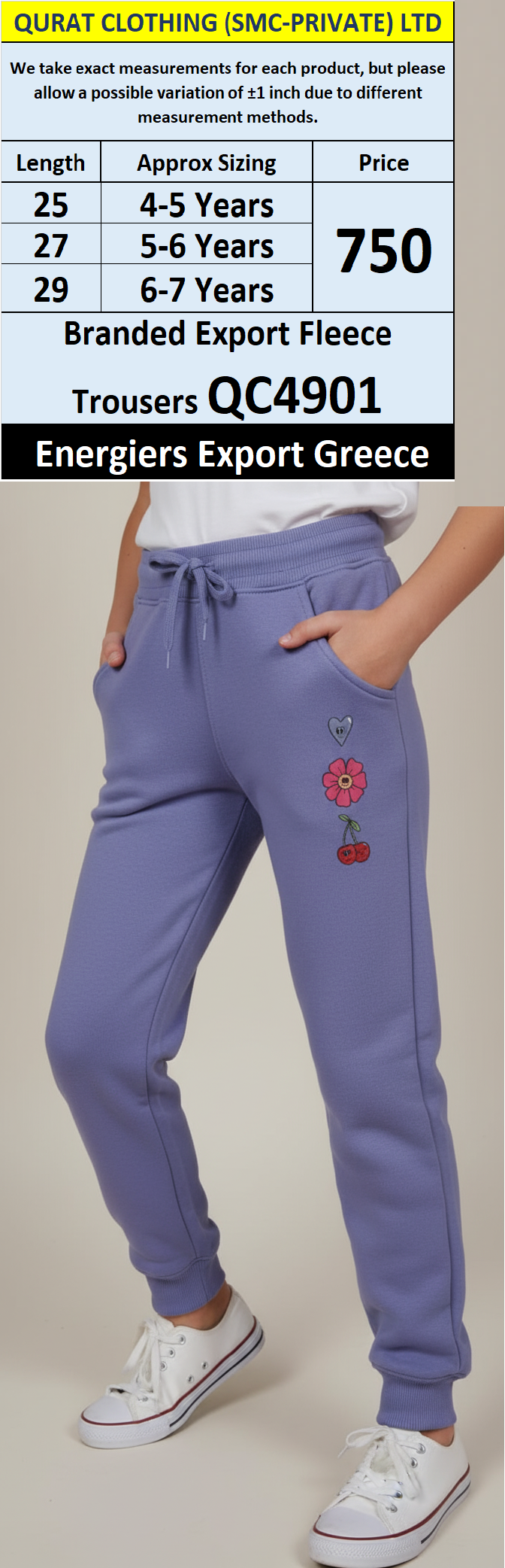 Energiers QC4901 Kids Lilac Fleece Jogger Trousers with Flower & Cherry Embroidery – Greece Export